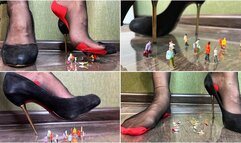 A vintage mean giantess in stiletto heels tramples on tiny people