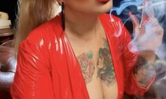 Close-up - Winston 100s - Hell Doll - In hell there are cigarettes baby - Dangling, Smoker's cough, Deep Inhales, Puffs, Nose exhales, Red vinyl Catsuit, Long red nails, Red lipstick, Makeup, Long hair tied back, special effects