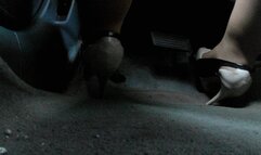 White and Black peep toes driving Honda Civic