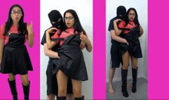 Math tutor eRica lets her student admire her leather overall dress to help him focus