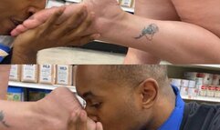 Big Toe strap sandals and mature soles sniffed