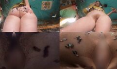 Giantess enjoys a meal sitting on her tiny people bare ass