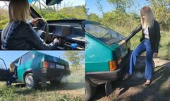 Anastasia plays with exhaust fumes in platform sandals