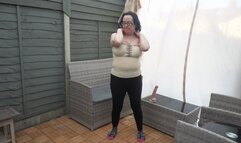 stripping playing with 10 inch Dildo on garden bench