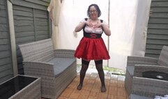 Sexy wench stripping in black nylon Holdup Stockings