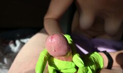 Handjob with green Latex Gloves