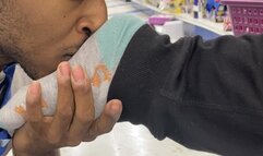 Mismatch blue socks sniffed