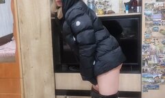 teasing you with my puffy winter jacket and latex high heels boots
