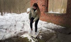 Wedges Nina's Boots stuck in Non-Newtonian Fluid, Wedges Boots Messy and Wet, Boots Stuck in Fluid