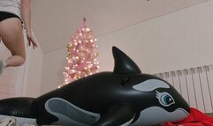 Alla has a hot ride on a rare inflatable whale and automatically inflates her life jacket while enjoying!!!