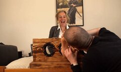 Classy Sabine is tickled in the stocks