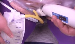 catheter, leg bag, PVC panties, and purple stockings