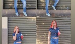 Smoking and drinking outdoor- All in Jeans: jacket and tight pants - converse sneakers