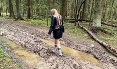 Super set 2 in 1! Black pantyhose in mud and muddy knee high white socks, white socks in mud, dirty pantyhose