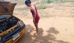 Barefoot with dirty feet pumping car pedal (3)