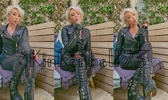 Crushing two Malrboro Reds wearing all Leather outdoors - Kinkerbell23