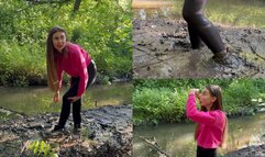 Nastya getting stuck in deep mud in shiny boots