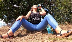 Pee Adventures - Chubby girl talking on the phone with her boy friend pee in her jeans