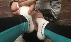 Femdome slave in handcuff worship sport socks mistress