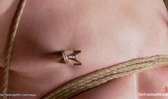 Strapped slut plugged on electricity