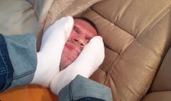 Jane - footstool demolition with white socks