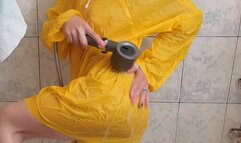 teasing you, pussy play while wearing rain poncho in the shower