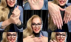 Hand worship - Beautiful and soft hands - Long hands, Long fingers, Palms of hands, Hands upside down, Applying cream on hands, Veins on hands, Long shiny nails, Long blonde hair, Heavy makeup, Glasses
