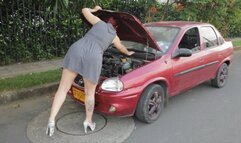 Tamara repairs her car turns on and pumps the pedal with high heels(4)