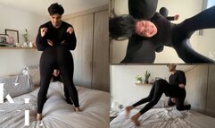 Wrestling Simona: Pedigree Hold Slammed on Bed (Black Long Sleeve, Black Leggings, Mixed Wrestling)