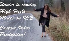 Sexy Nina in High heels sliding on a black ice, high heels mules on ice, high heels on slippery ice