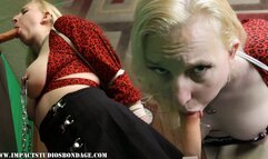 Vivica tied welded elbows clamped nipples practicing her oral skills bound BJ on a dildo