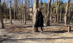 girl in high heels and snowy white socks walks down the street and loses her shoes, getting her socks dirty